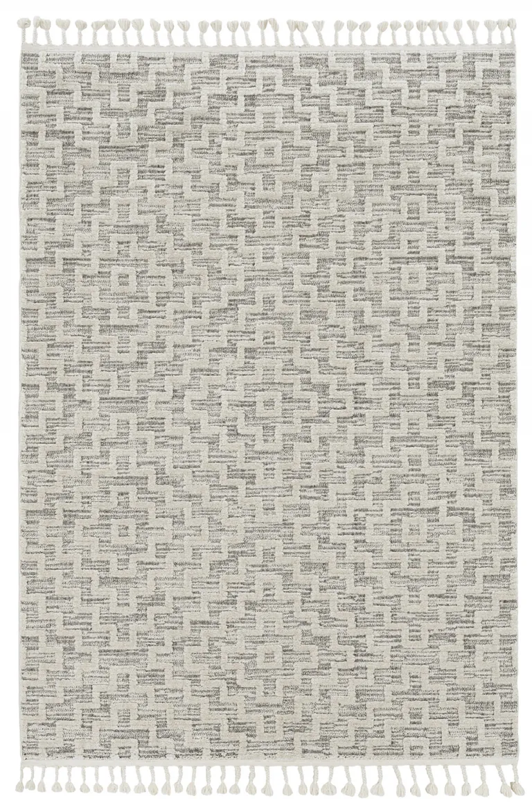 Ivory Grey Machine Woven Geometric With Fringe Indoor Runner Rug Photo 1