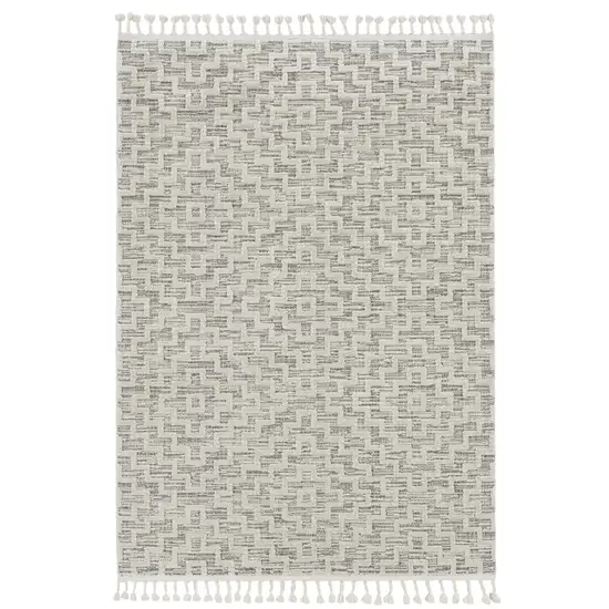 Ivory Grey Machine Woven Geometric With Fringe Indoor Runner Rug Photo 1