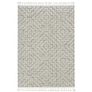 Photo of Ivory Grey Machine Woven Geometric With Fringe Indoor Runner Rug