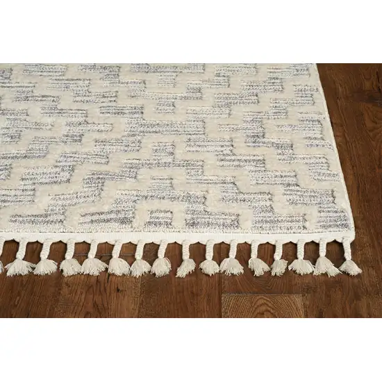 Ivory Grey Machine Woven Geometric With Fringe Indoor Runner Rug Photo 3