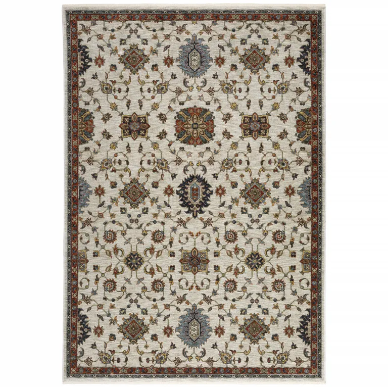 Ivory Grey Rust Red Gold And Shades Of Blue Oriental Power Loom Stain Resistant Area Rug With Fringe Photo 1