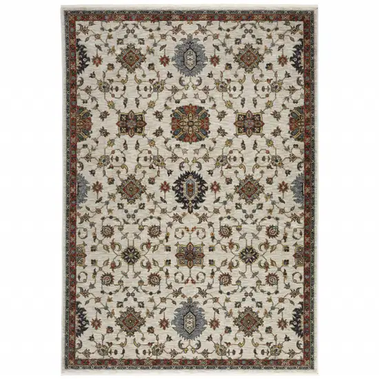 Ivory Grey Rust Red Gold And Shades Of Blue Oriental Power Loom Stain Resistant Area Rug With Fringe Photo 1