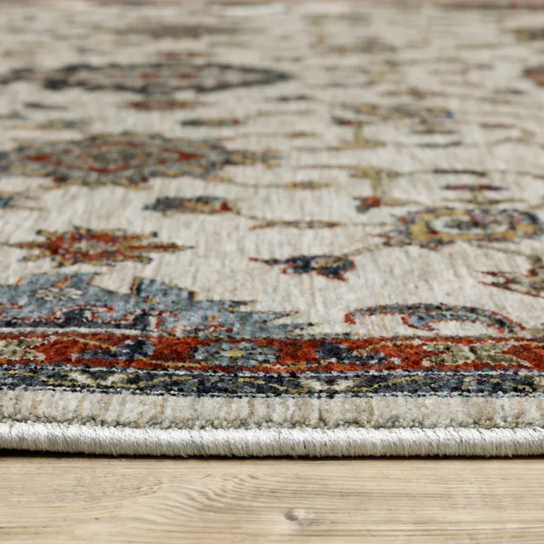 Ivory Grey Rust Red Gold And Shades Of Blue Oriental Power Loom Stain Resistant Area Rug With Fringe Photo 4