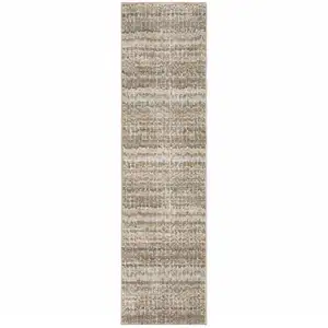 Photo of Ivory Grey Tan And Brown Abstract Power Loom Stain Resistant Runner Rug