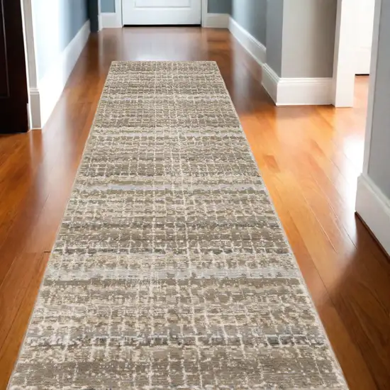 12' Runner Ivory Grey Tan and Brown Abstract Power Loom Runner Rug Photo 1