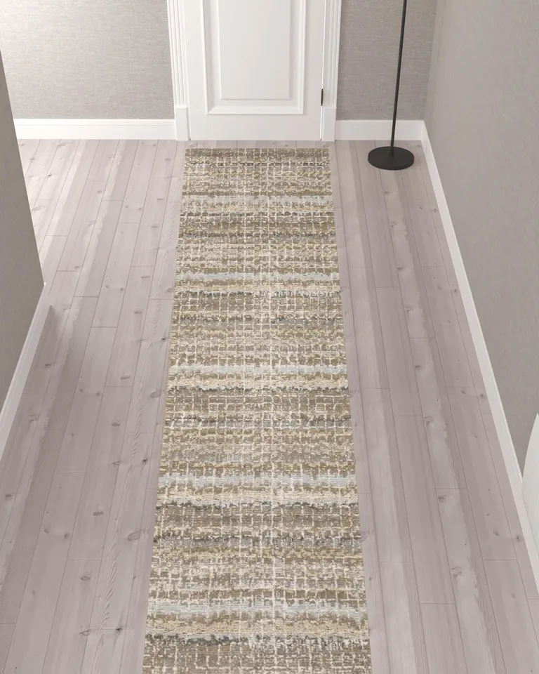 Ivory Grey Tan And Brown Abstract Power Loom Stain Resistant Runner Rug Photo 2