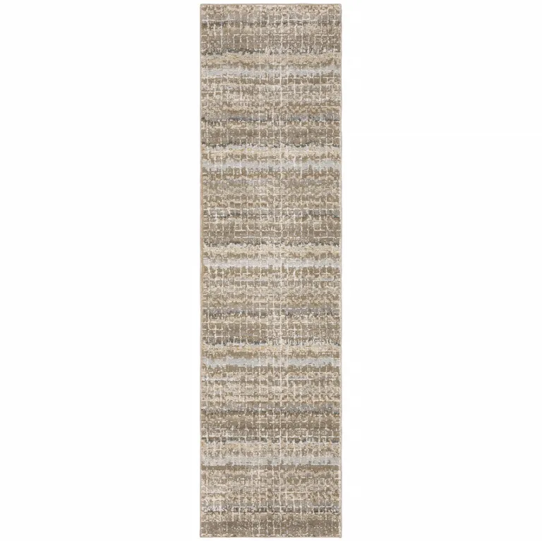 Ivory Grey Tan And Brown Abstract Power Loom Stain Resistant Runner Rug Photo 1