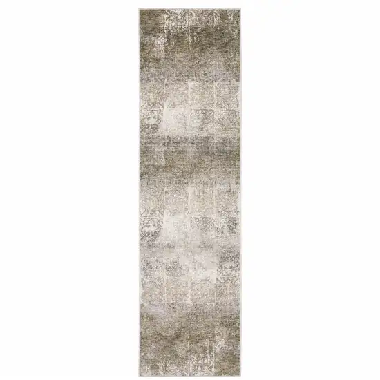 Ivory Grey Tan Brown And Beige Abstract Power Loom Stain Resistant Runner Rug Photo 1