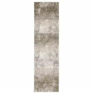 Photo of Ivory Grey Tan Brown And Beige Abstract Power Loom Stain Resistant Runner Rug