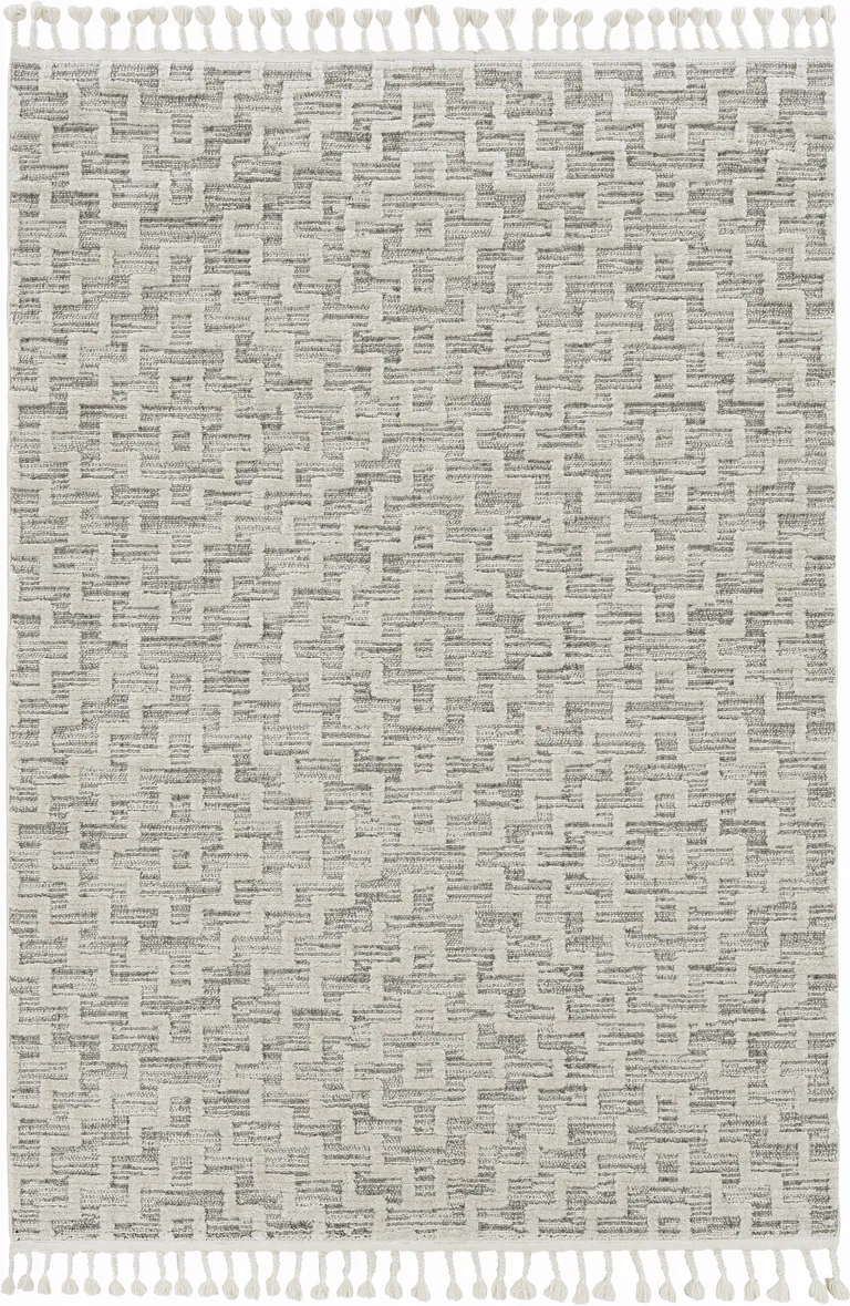 Ivory Grey Zigzag Diamonds Area Rug with Fringe Photo 3