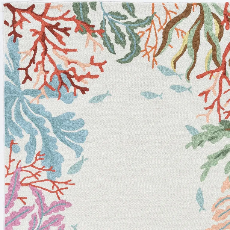 Ivory Hand Hooked Bordered Coral Reef Indoor Area Rug Photo 1