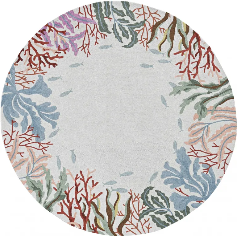 Ivory Hand Hooked Bordered Coral Reef Round Indoor Area Rug Photo 1