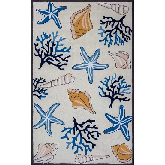 5'X8' Ivory Hand Hooked Corals And Shells Indoor Area Rug Photo 1