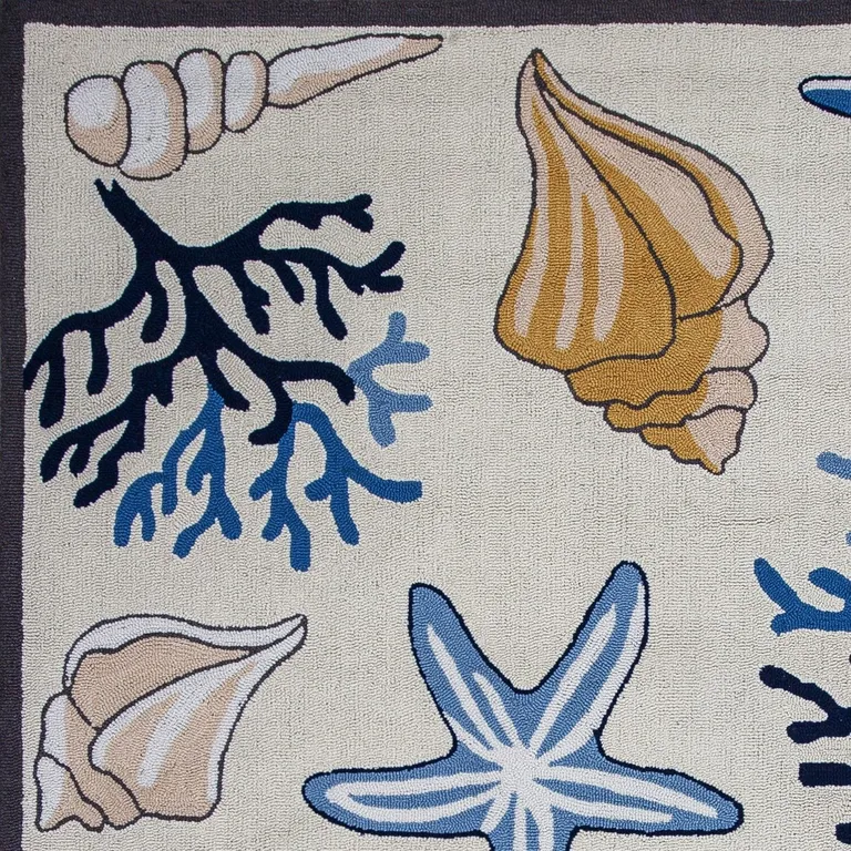 Ivory Hand Hooked Sea Corals And Shells Indoor Runner Rug Photo 4