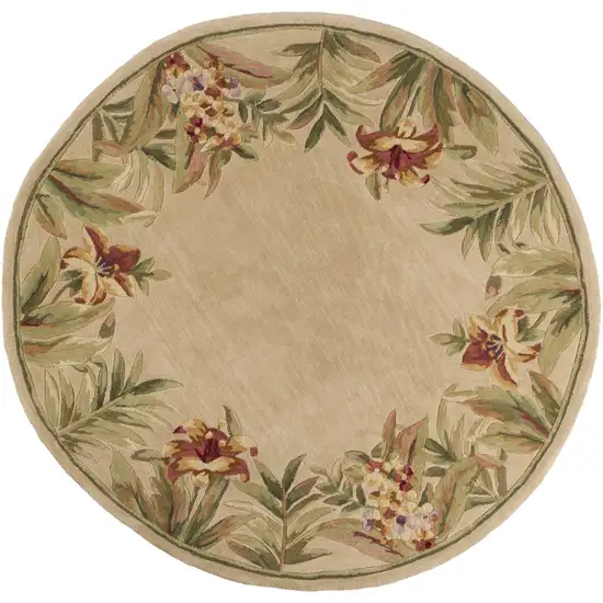 Ivory Hand Tufted Bordered Tropical Flowers Round Indoor Area Rug Photo 1