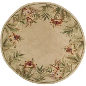 Photo of Ivory Hand Tufted Bordered Tropical Flowers Round Indoor Area Rug