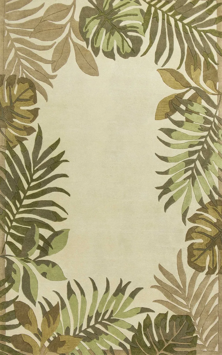 Ivory Hand Tufted Bordered Tropical Leaves Indoor Area Rug Photo 1