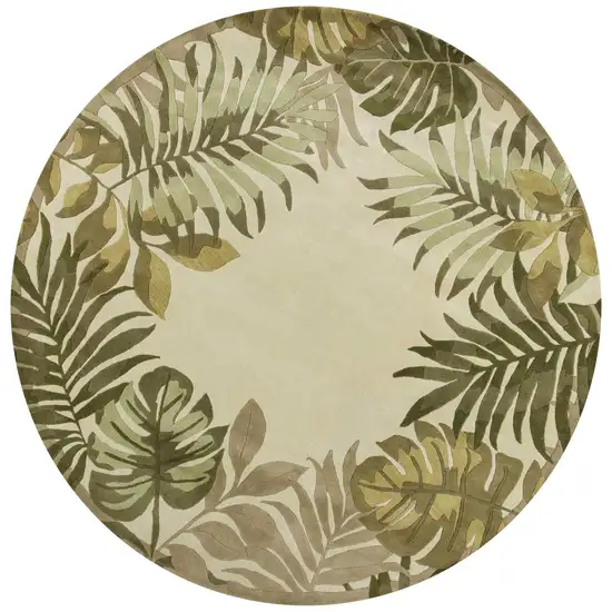 Ivory Hand Tufted Bordered Tropical Leaves Round Indoor Area Rug Photo 1