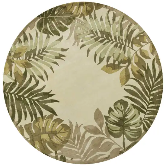 Ivory Hand Tufted Bordered Tropical Leaves Round Indoor Area Rug Photo 3