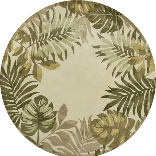 Ivory Hand Tufted Bordered Tropical Leaves Round Indoor Area Rug Photo 4