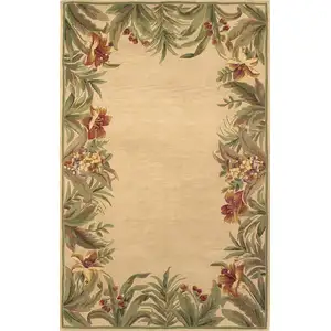 Photo of Ivory Hand Tufted Bordered Tropical Plant Indoor Area Rug