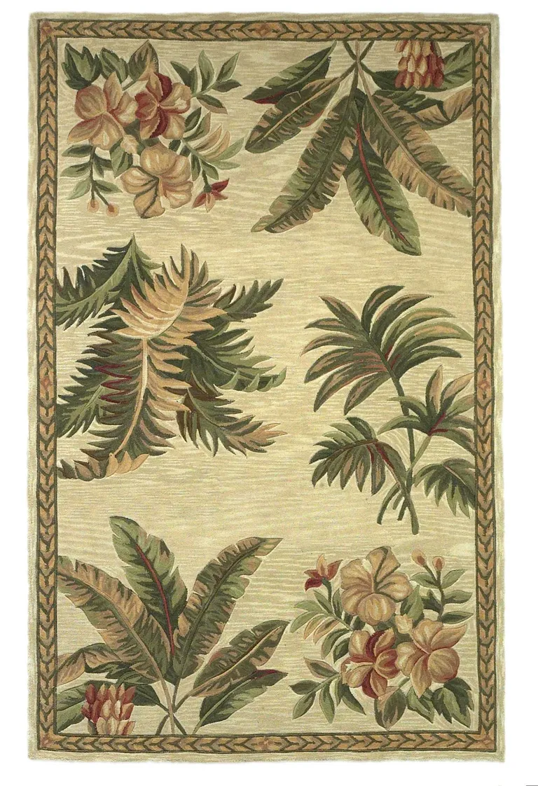 Ivory Hand Tufted Bordered Tropical Plants Indoor Area Rug Photo 4