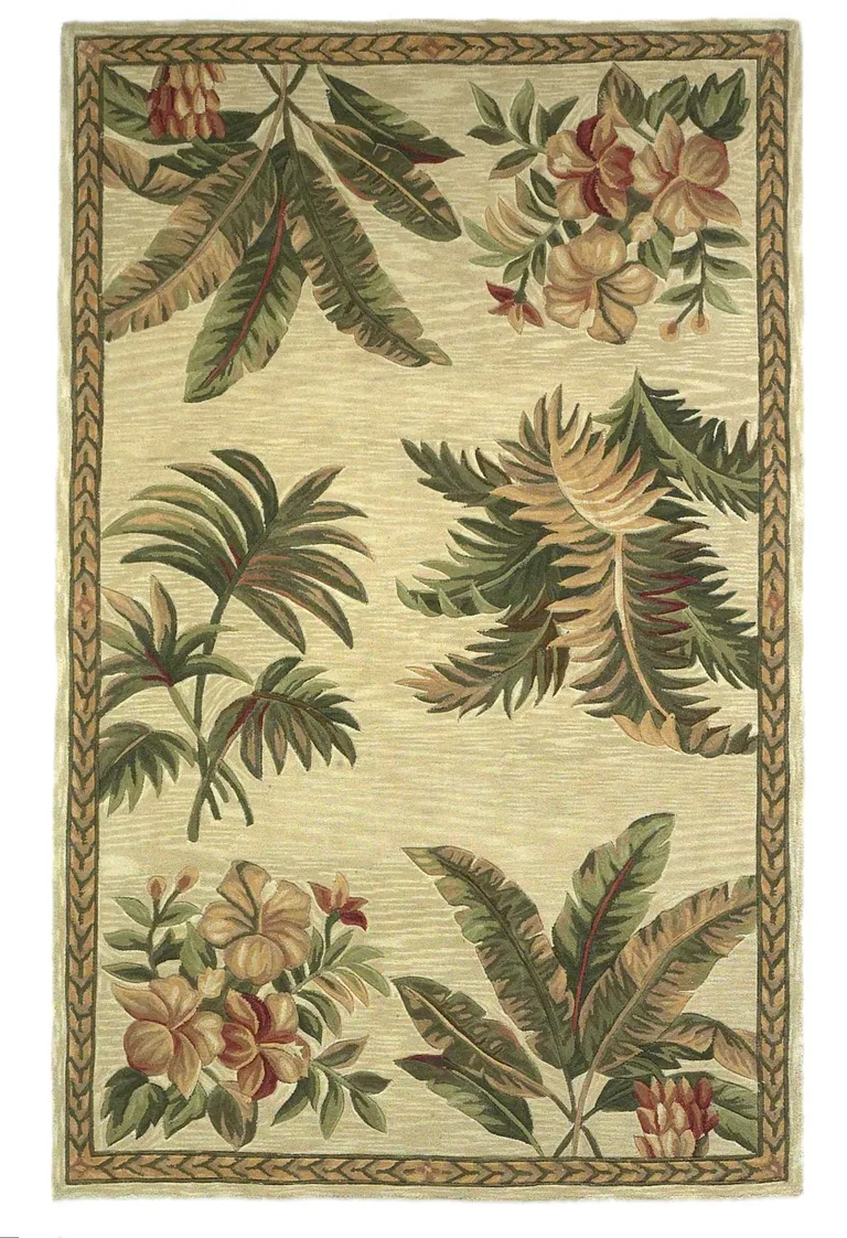 Ivory Hand Tufted Bordered Tropical Plants Indoor Area Rug Photo 2