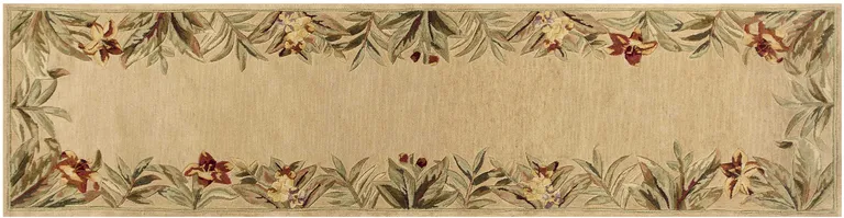 Ivory Hand Tufted Bordered Tropical Plants Indoor Runner Rug Photo 2