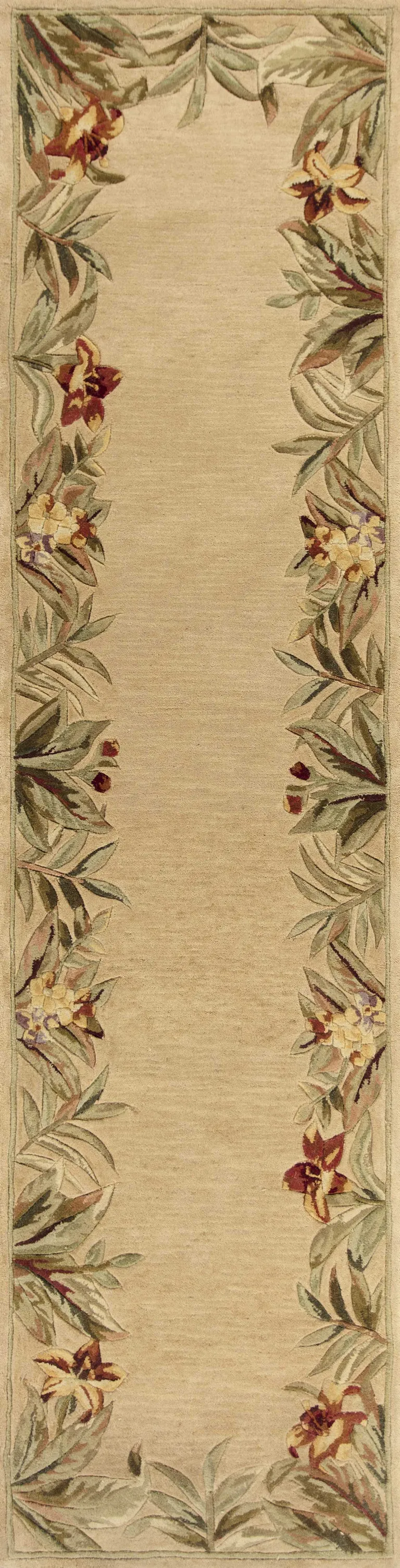 Ivory Hand Tufted Bordered Tropical Plants Indoor Runner Rug Photo 1