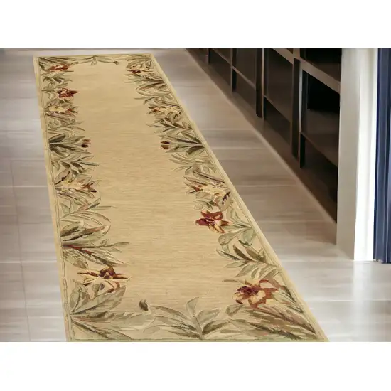 10' Ivory Hand Tufted Bordered Tropical Plants Indoor Runner Rug Photo 1
