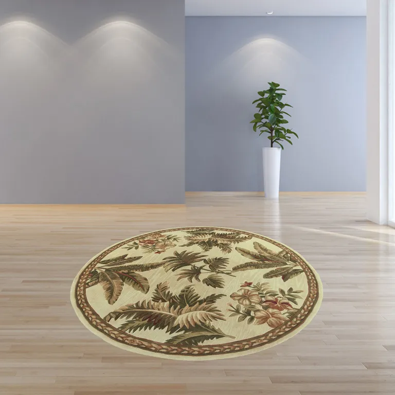 Ivory Hand Tufted Bordered Tropical Plants Round Indoor Area Rug Photo 3