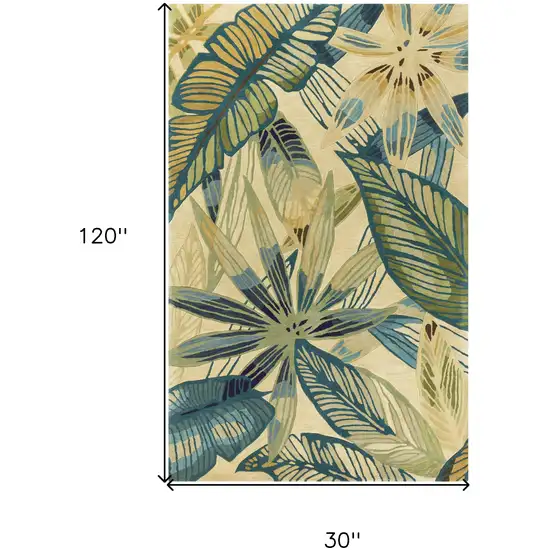 10' Ivory Hand Tufted Tropical Leaves Indoor Runner Rug Photo 6