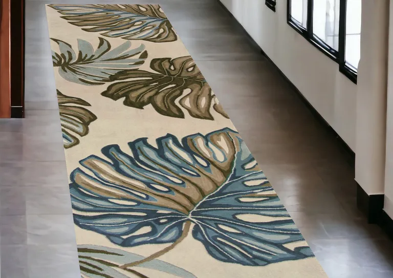 Ivory Hand Tufted Tropical Monstera Indoor Runner Rug Photo 4