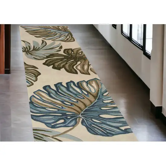 10' Ivory Hand Tufted Tropical Monstera Indoor Runner Rug Photo 1