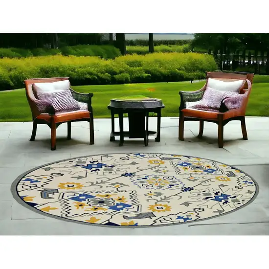 8' Ivory Hand Woven Uv Treated Geometric Traditional Round Indoor Outdoor Area Rug Photo 1