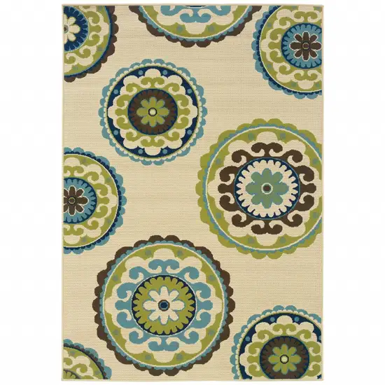 Ivory Indigo and Lime Medallion Disc Indoor Outdoor Area Rug Photo 1