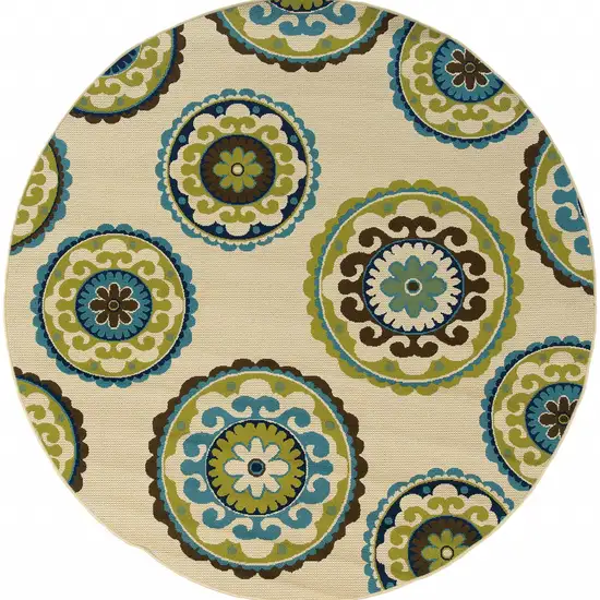 Ivory Indigo and Lime Medallion Disc Indoor Outdoor Area Rug Photo 1