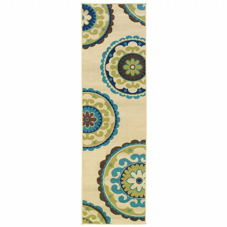 Ivory Indigo and Lime Medallion Disc Indoor Outdoor Runner Rug Photo 1