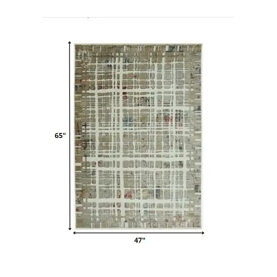 Ivory Khaki Distressed Plaid Area Rug Photo 4