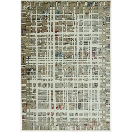 Ivory Khaki Distressed Plaid Area Rug Photo 1