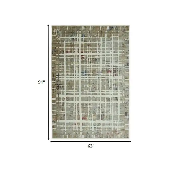 Ivory Khaki Distressed Plaid Area Rug Photo 5