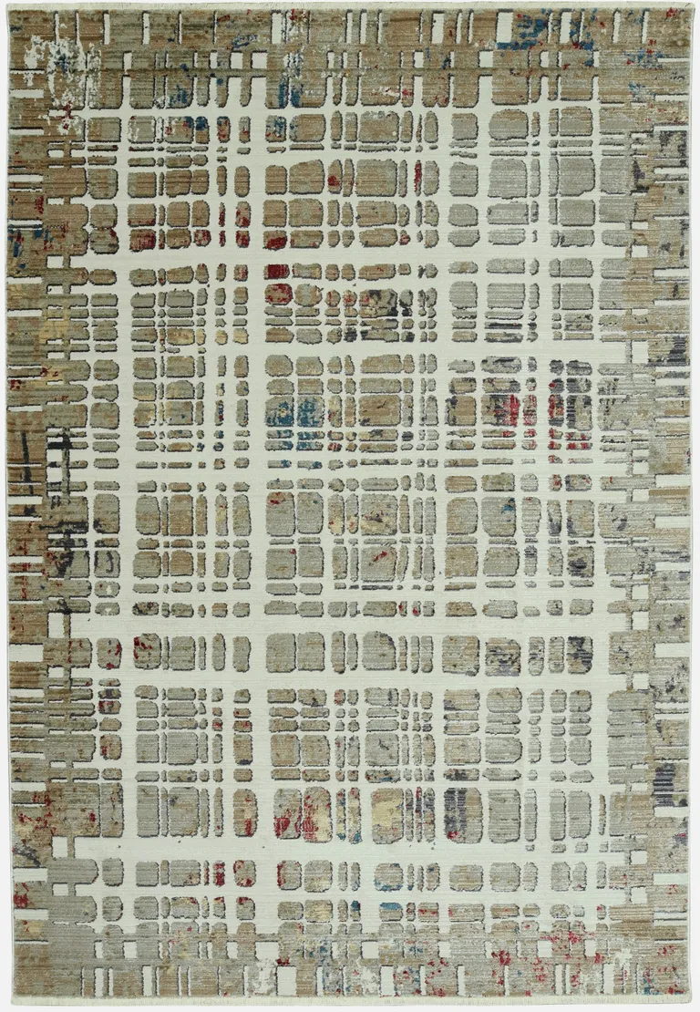 Ivory Khaki Distressed Plaid Area Rug Photo 1