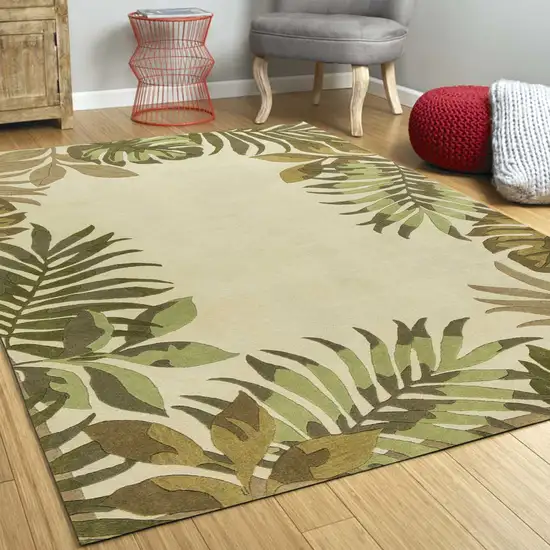 Ivory Leaves Bordered Wool Area Rug Photo 4