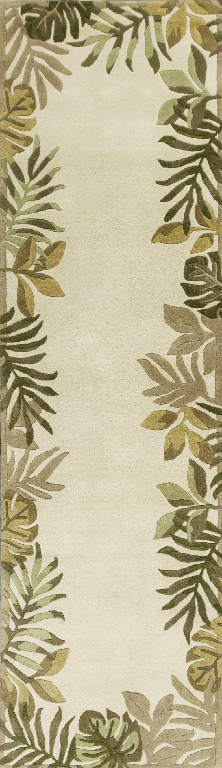 Ivory Leaves Bordered Wool Runner Rug Photo 1