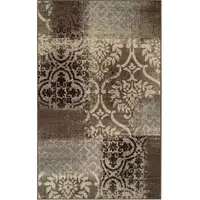 Photo of Ivory Light Blue Damask Distressed Stain Resistant Area Rug