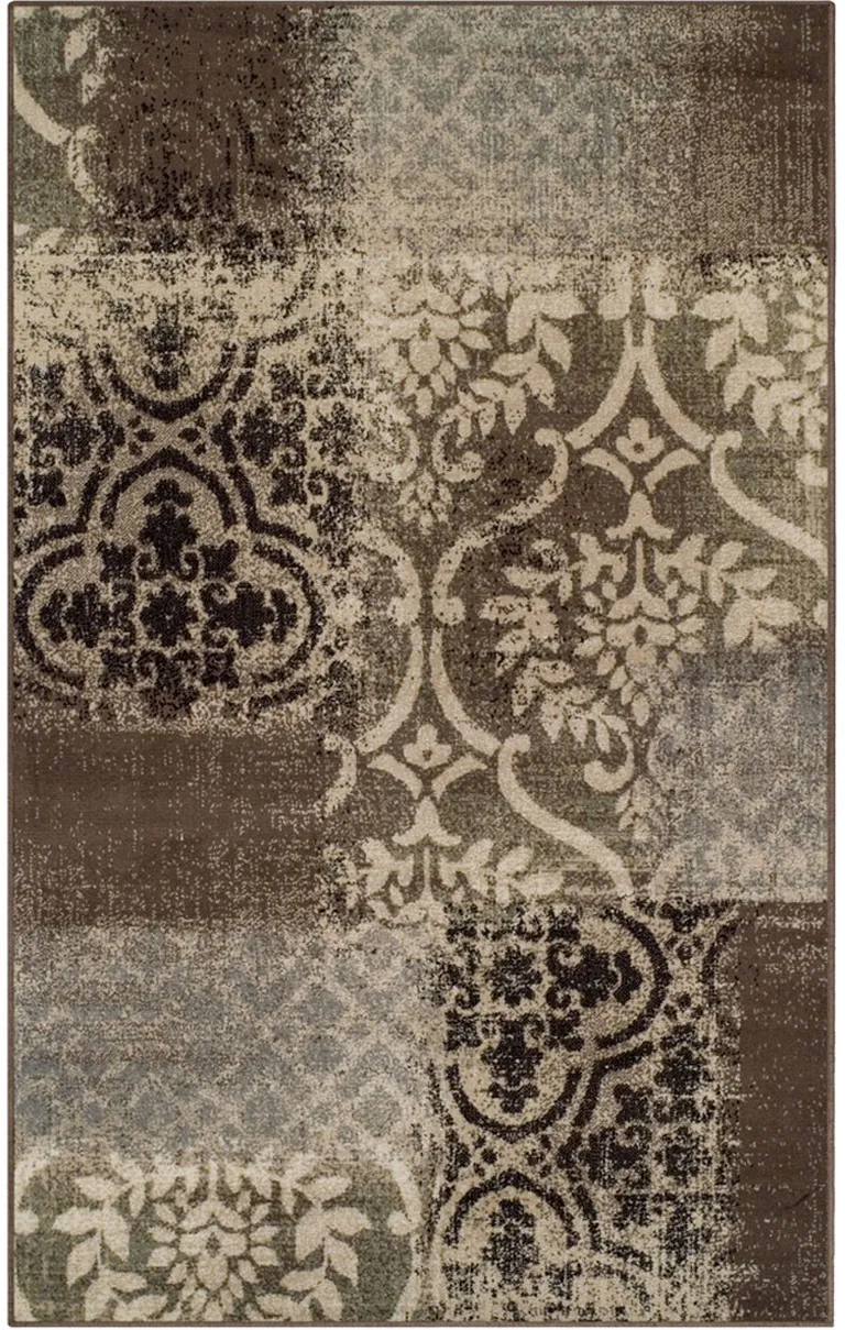 Ivory Light Blue Damask Distressed Stain Resistant Area Rug Photo 1