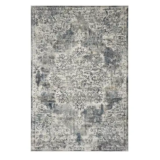 Ivory Machine Woven Distressed Diamond Floral Medallion Indoor Area Rug Photo 2