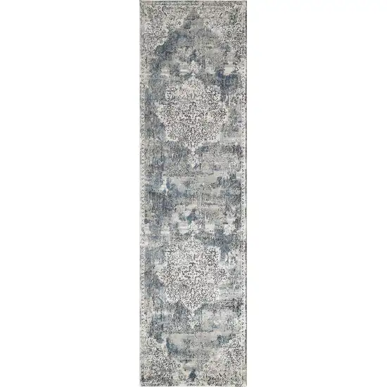 Ivory Machine Woven Distressed Diamond Floral Medallion Indoor Runner Rug Photo 1