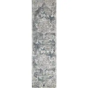 Photo of Ivory Machine Woven Distressed Diamond Floral Medallion Indoor Runner Rug