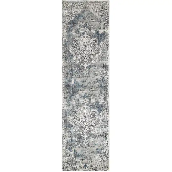 Ivory Machine Woven Distressed Diamond Floral Medallion Indoor Runner Rug Photo 2